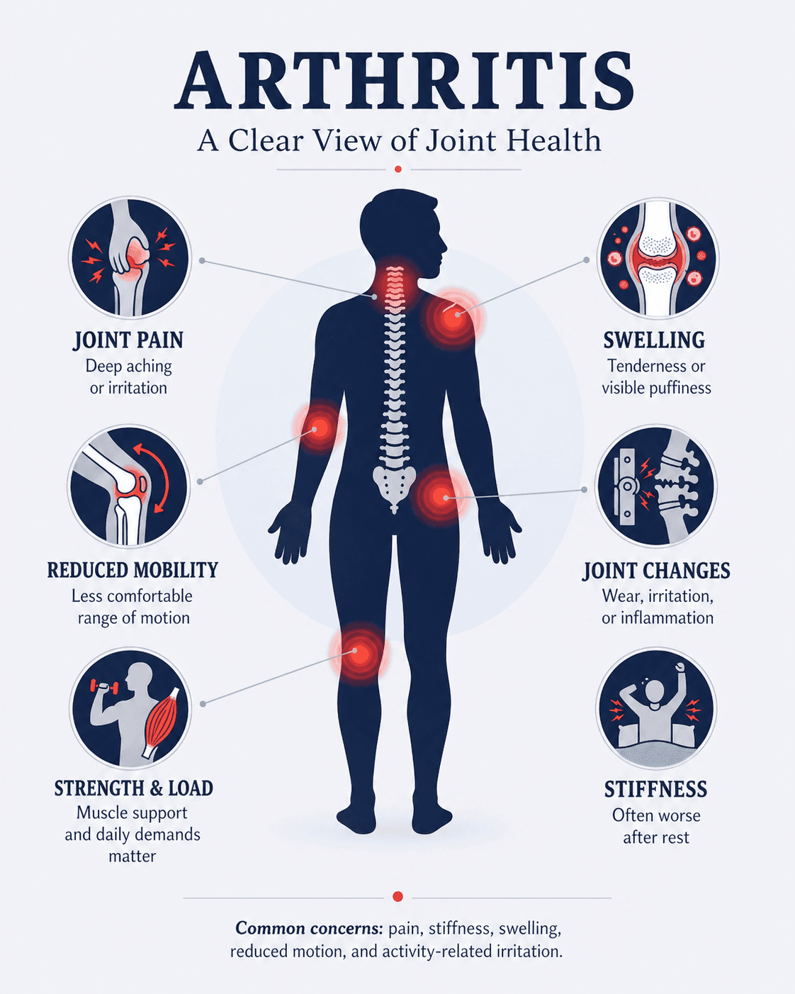 Infographic showing common arthritis symptoms and joint areas affected by arthritis