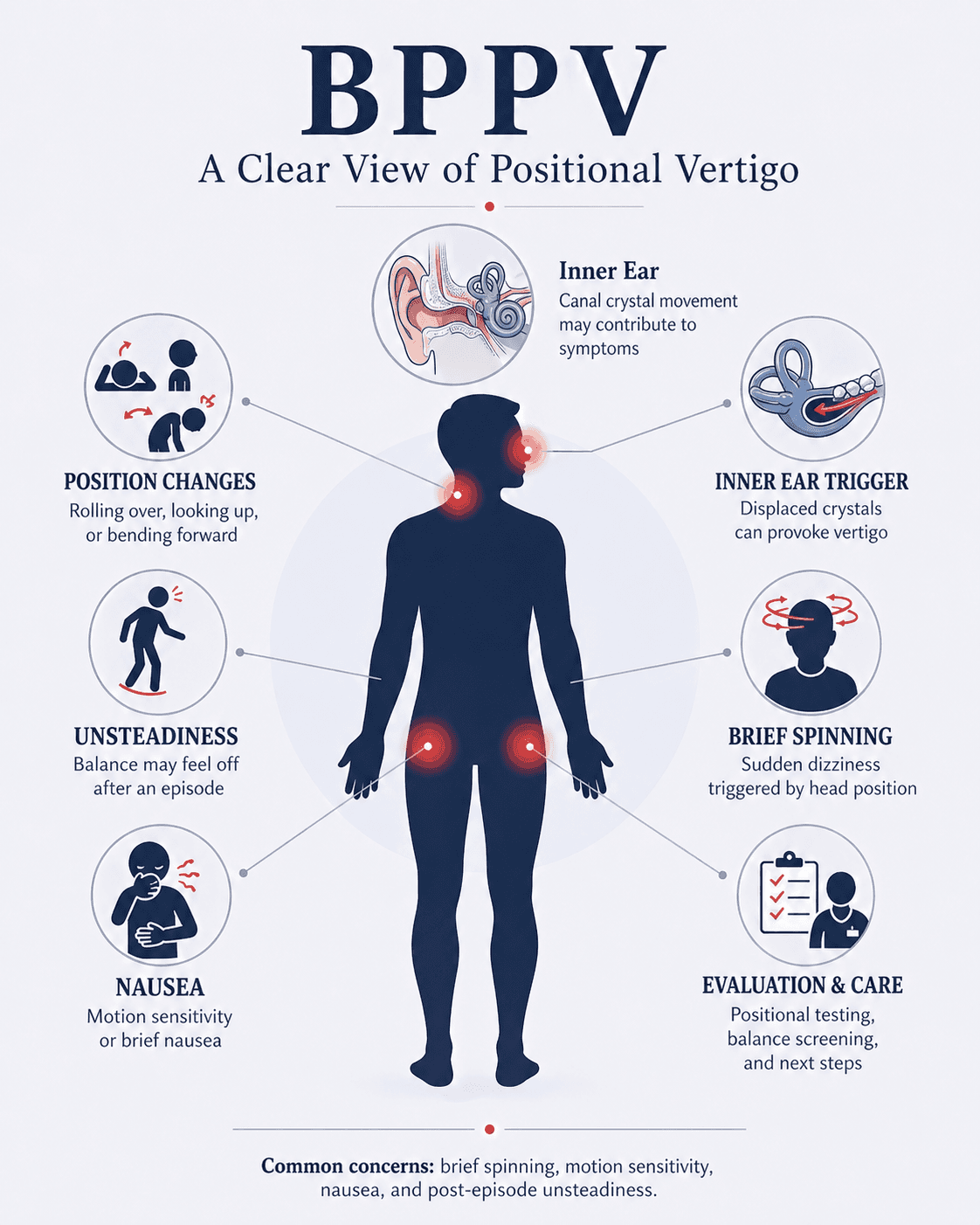 Infographic showing common BPPV symptoms and positional vertigo triggers