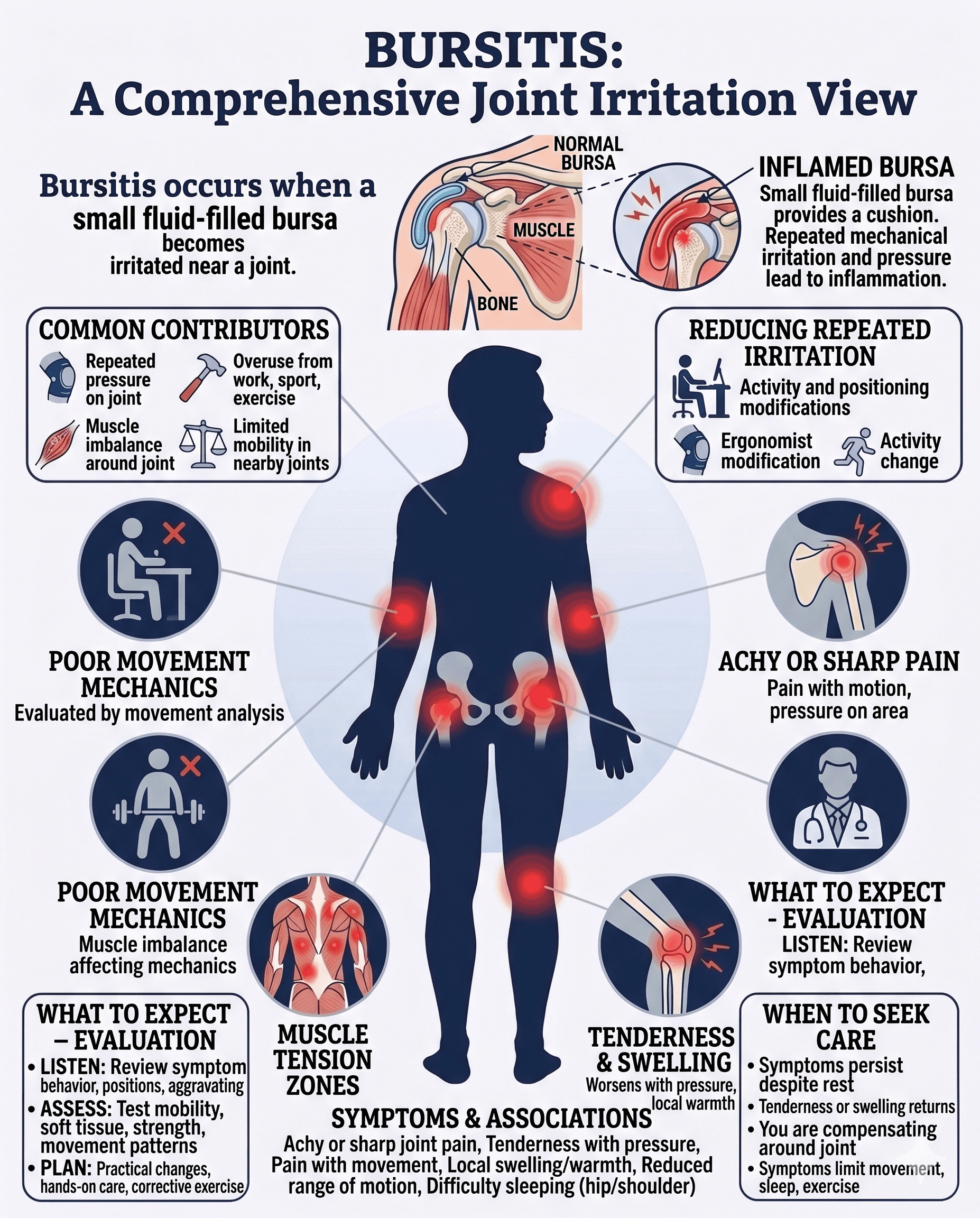 Infographic showing common bursitis symptoms and joint areas affected by bursitis