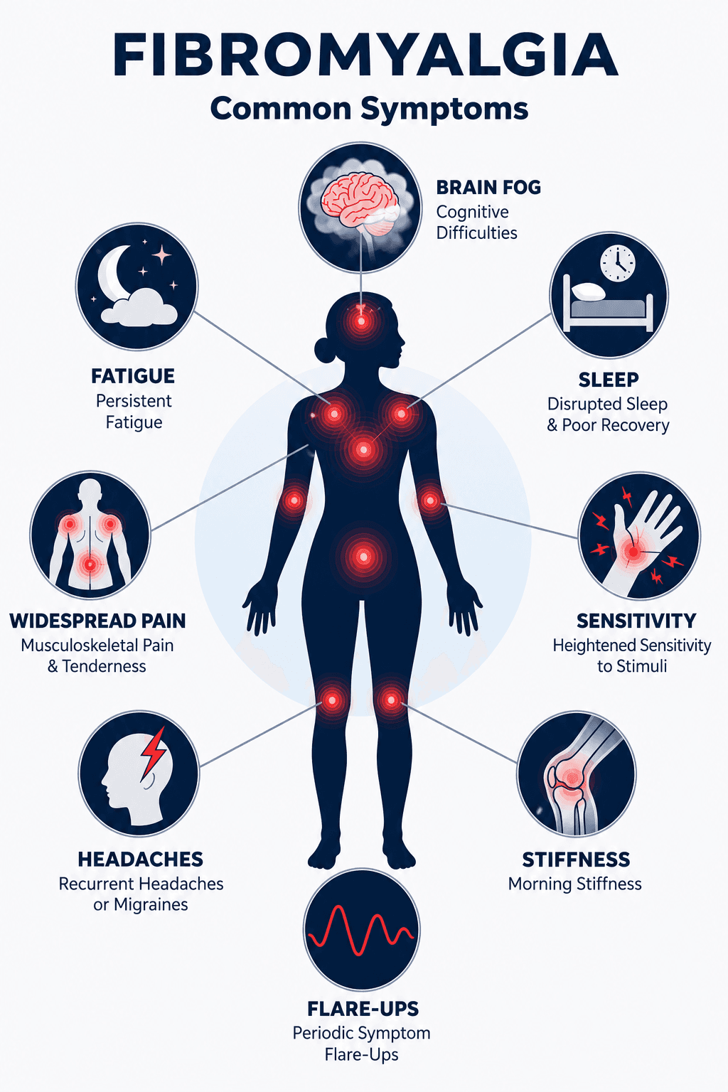 Infographic showing common symptoms and body systems affected by fibromyalgia