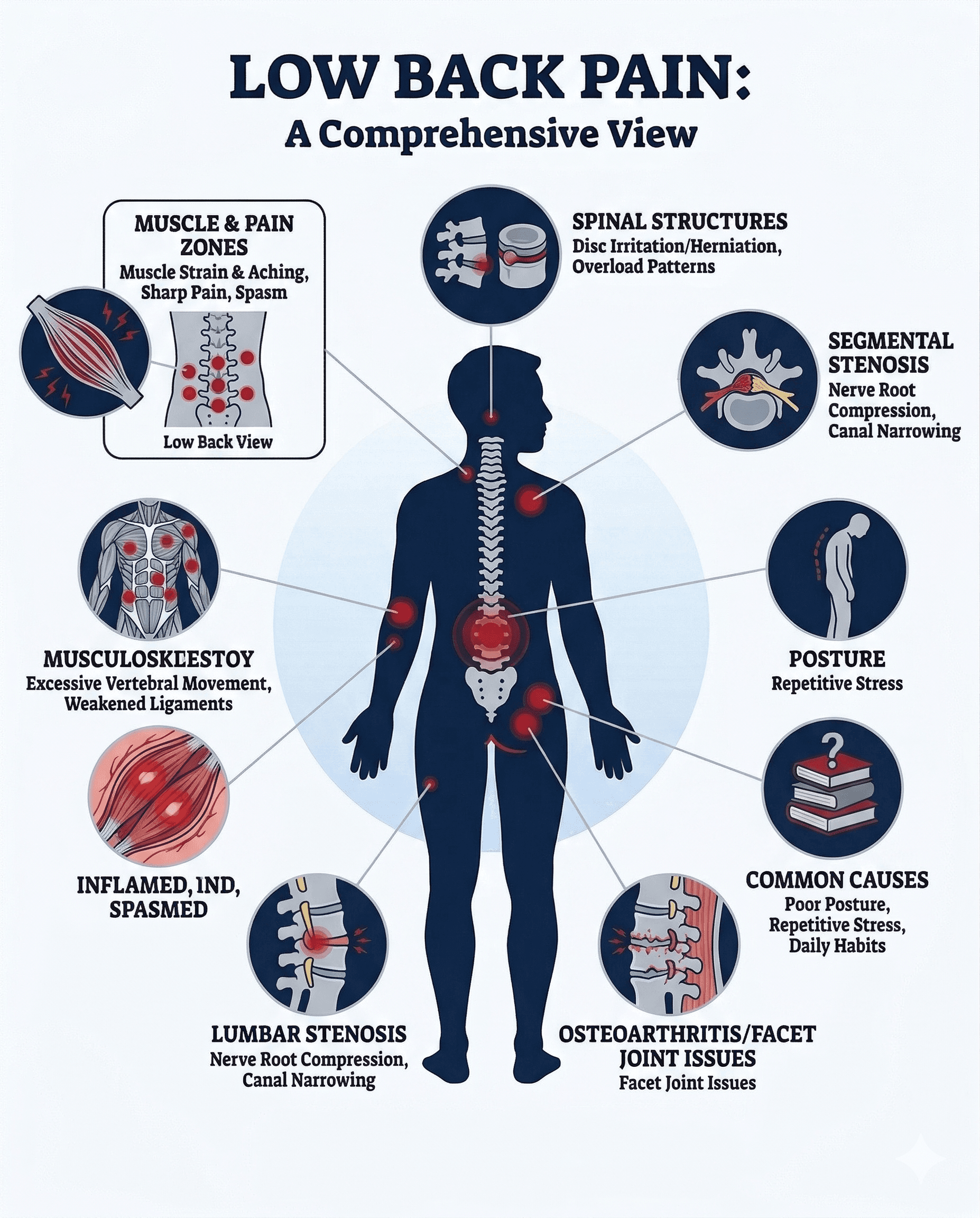 Infographic showing common symptoms and body systems affected by Low Back Pain
