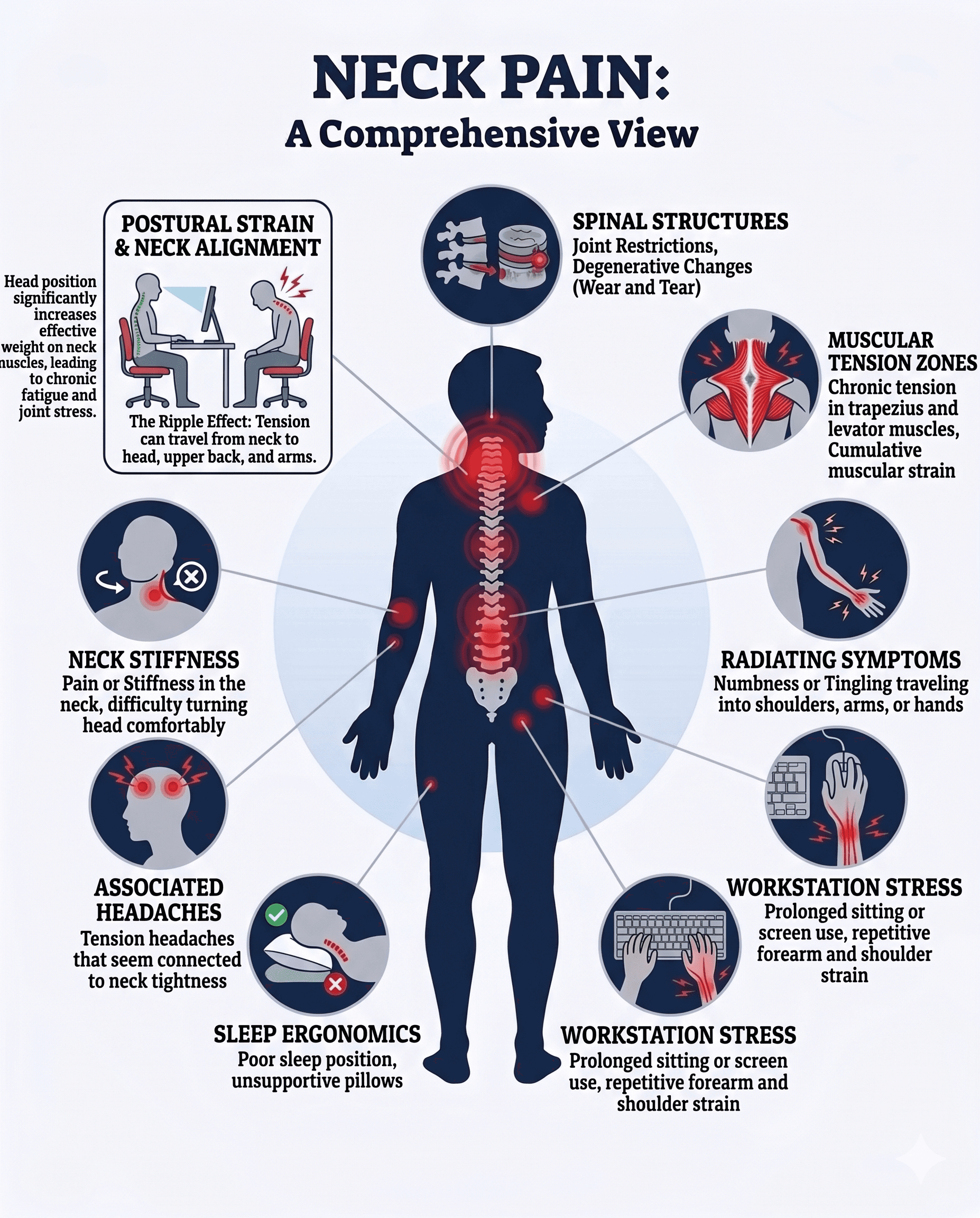 Infographic showing the relationship between posture, cervical spine alignment, and muscle tension
