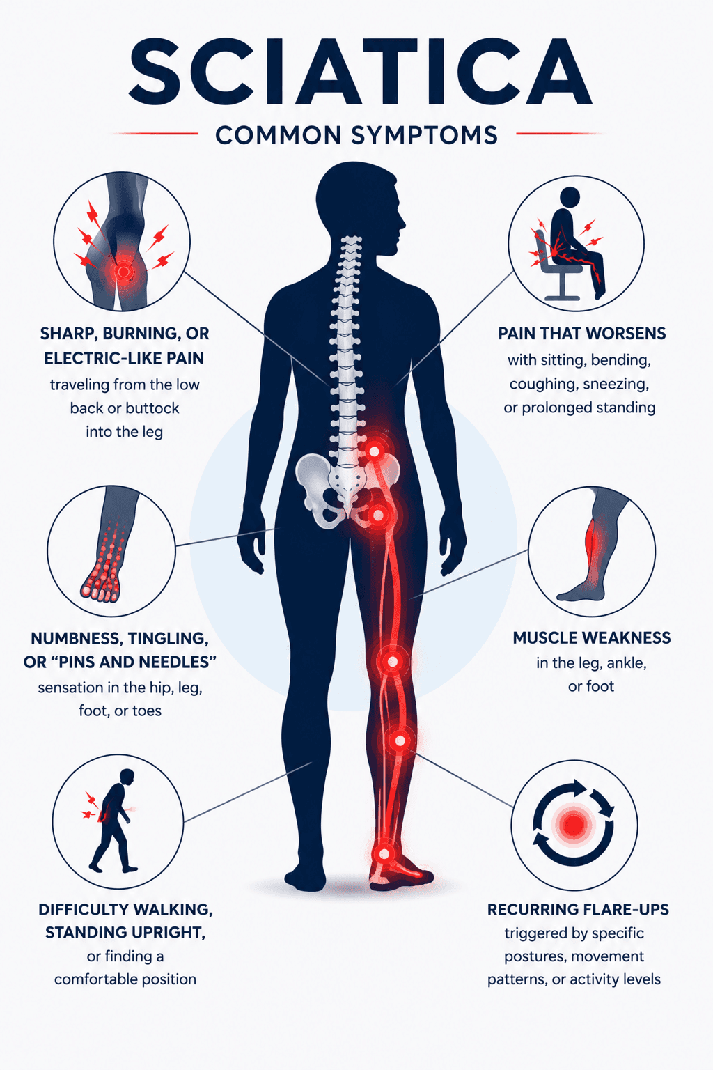 Infographic showing the path of the sciatic nerve and common irritation patterns