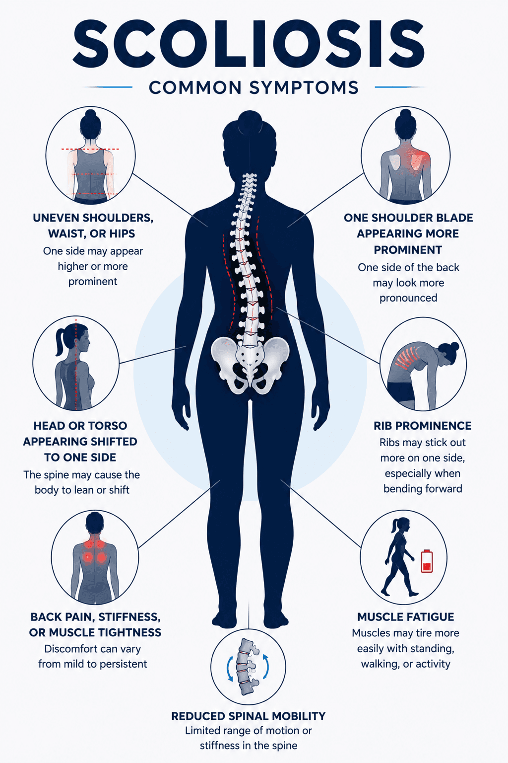 Infographic showing structural spinal curvature, postural asymmetry, and common movement limitations associated with scoliosis