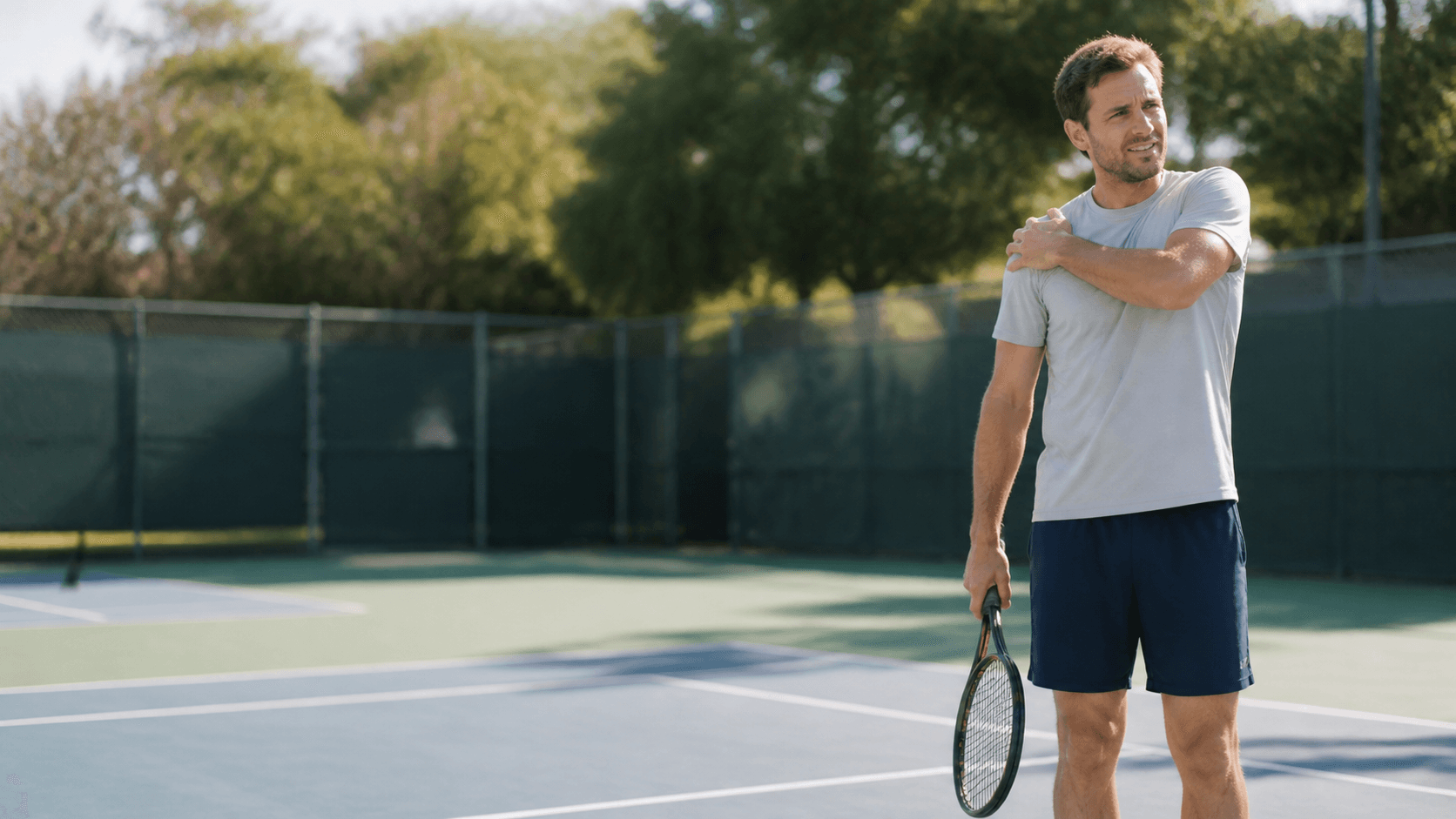 Tennis player gently supporting one shoulder on a tennis court