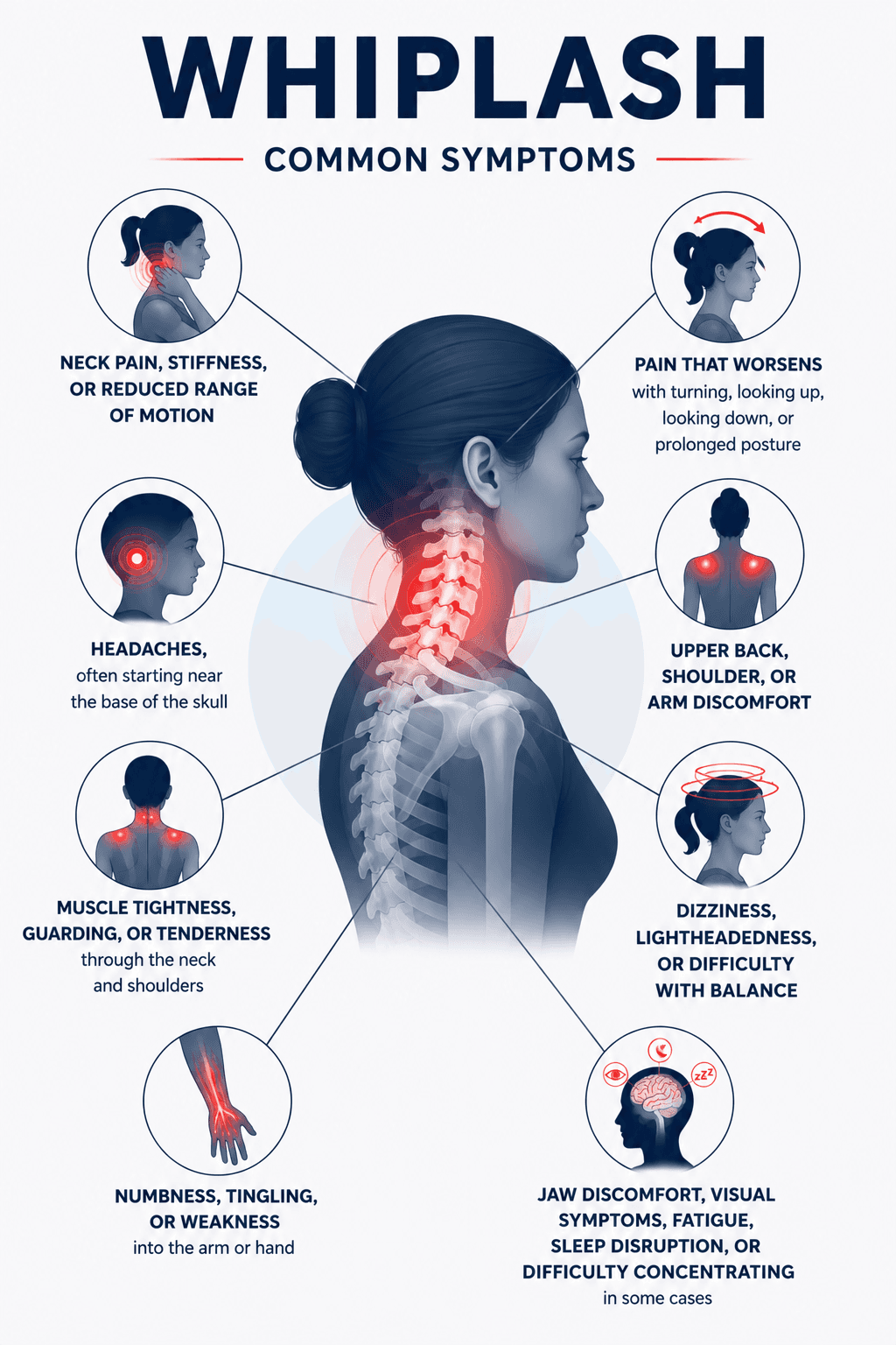 Infographic showing neck strain, cervical spine motion, and common symptoms associated with whiplash